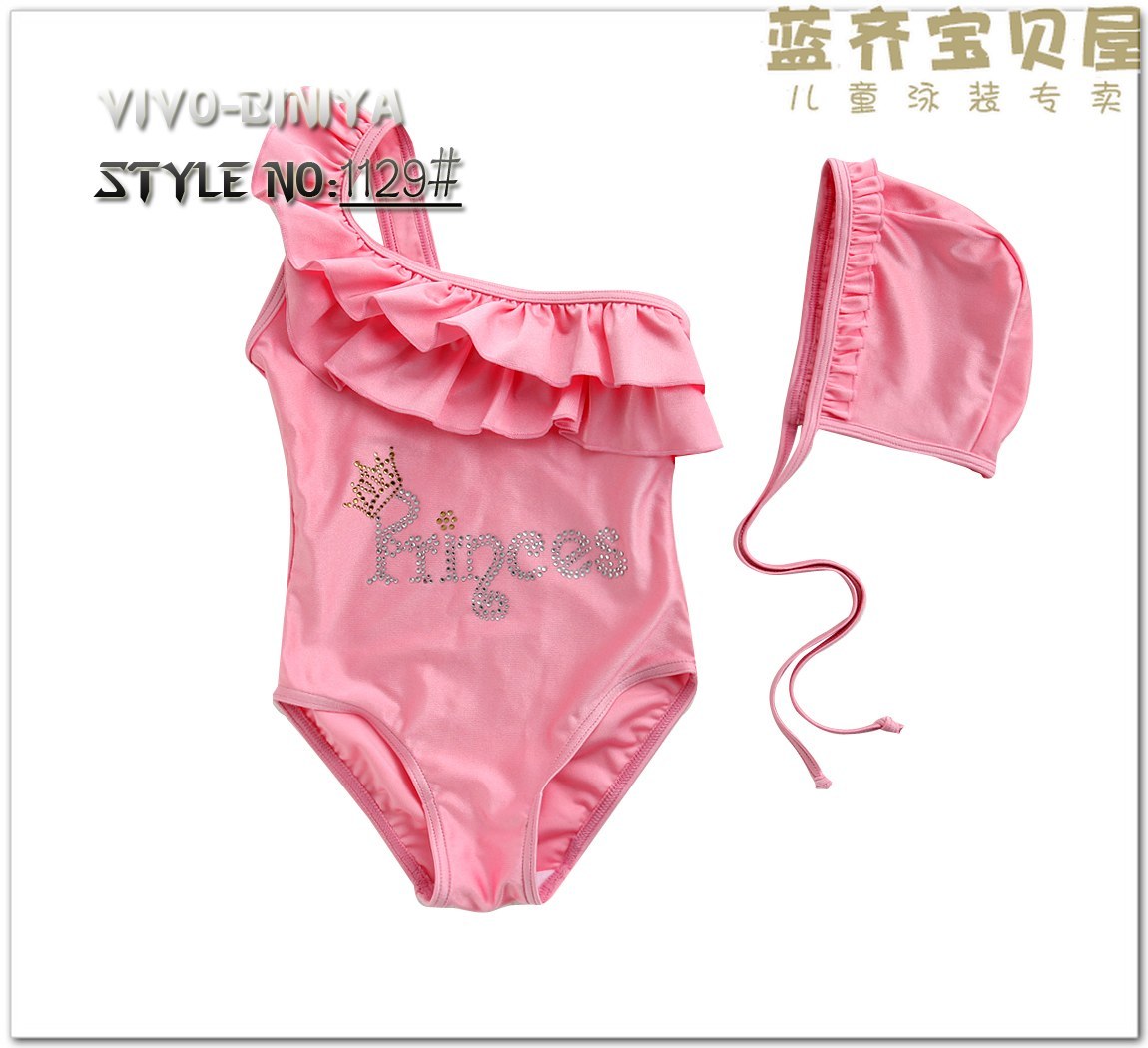 2012 baby one shoulder swimwear female child one-piece swimsuit child swimwear pink bronzier swimwear