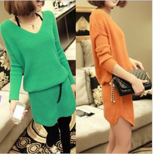 2012 basic fashion neon color sweater women's V-neck all-match solid color long design one-piece dress sweater