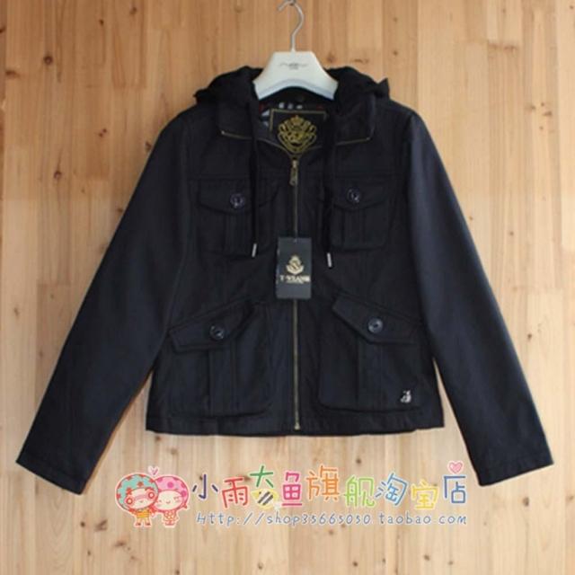 2012 bear autumn solid color with a hood detachable short design casual outerwear trench navy blue