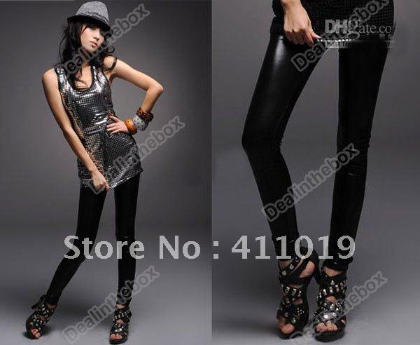 2012 beautiful New Sexy Black Wet Look Faux Leather Leggings Treggings Pants Shiny Tights Stretch Comfortable 20pcs by DHL orEMS