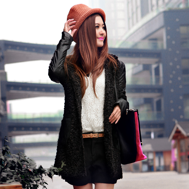 2012 berber fleece patchwork PU leather coat medium-long fashion slim wadded jacket female aw181