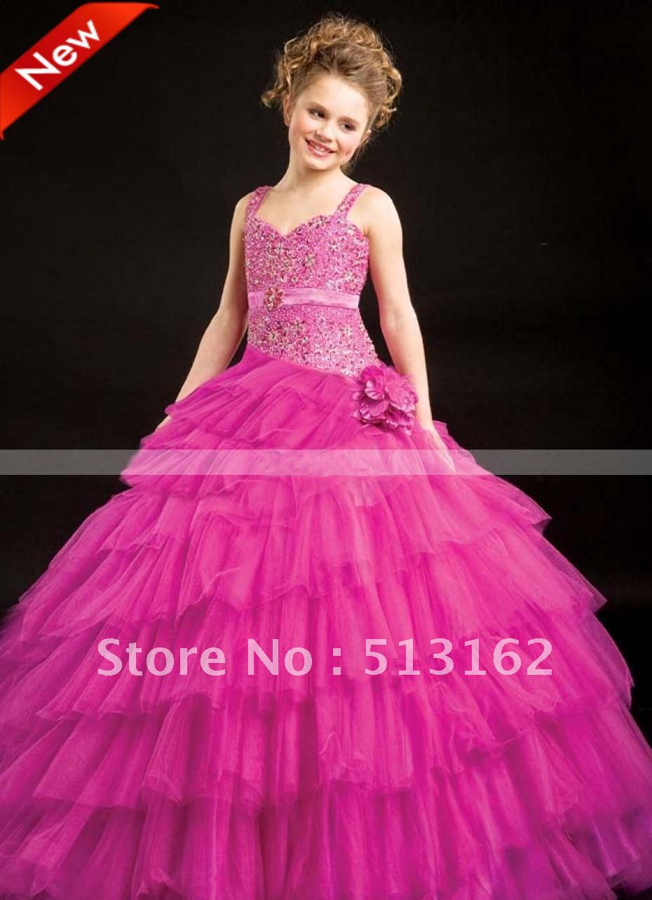 2012 Best Selling Fashion Ball Gown with Handmade Flowers Straps Floor-Length Tiered Flower Girl Dresses