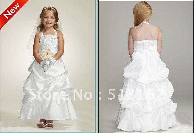 2012 Best Selling Taffeta Floor Length Halter and Beaded Ball Gown Flower Girl Dresses