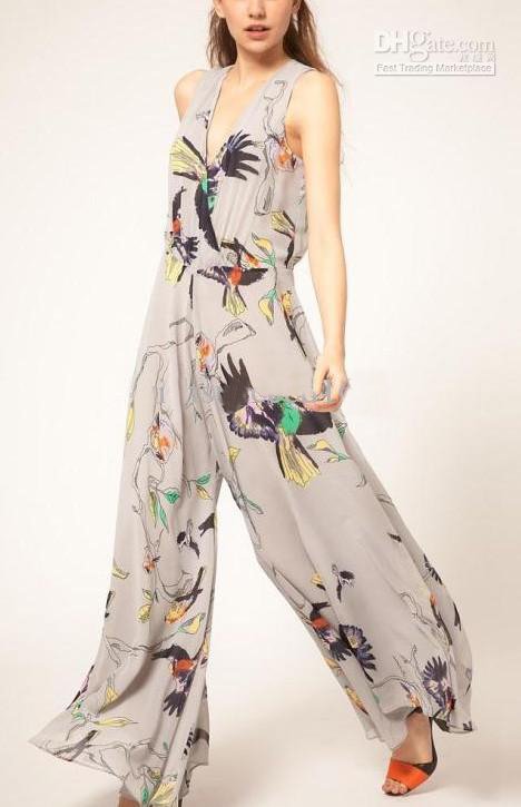 2012 Birds Printing Women's Wide leg pants sleeveless Piece Pants Chiffon Long Trousers