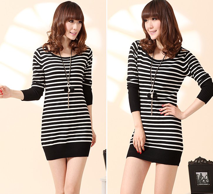 2012  black and white stripe long sweater o-neck  long-sleeve Wool sweater#YZDX1912