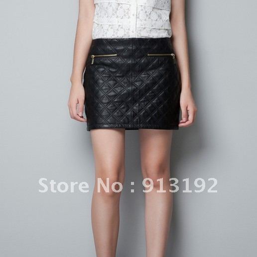 2012 black dimond plaid double side zipper patchwork slim hip short design leather skirt,women PU leather winter dress skirt