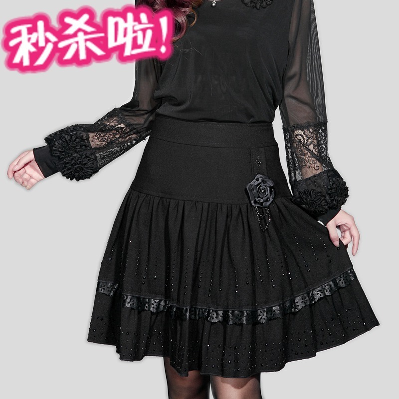 2012 black medium-long bust skirt a-line skirt stereo disk flowers decoration short skirt Leather