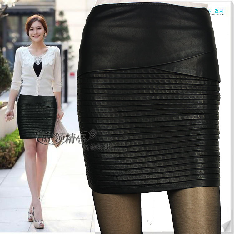 2012 black PU slim hip step skirt ol gentlewomen water washed leather half-length short skirt j12813