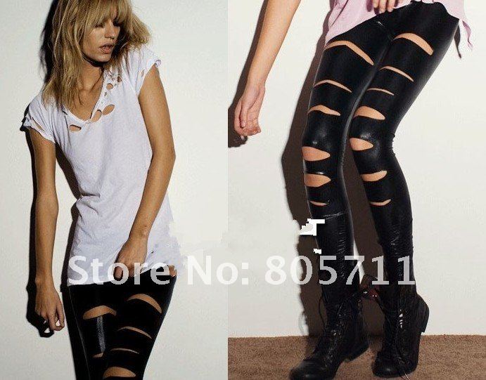 2012 Black Sexy Fashion Ripped Imitation Leather Matte Leggings Hole Women's Skinny Pants Dropship