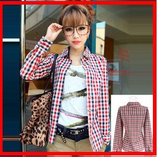 2012 blouse! Charm/bright colors//t-shirts/ upper outer garment/blouse/Plaid shirt/long sleeve/RG1204038