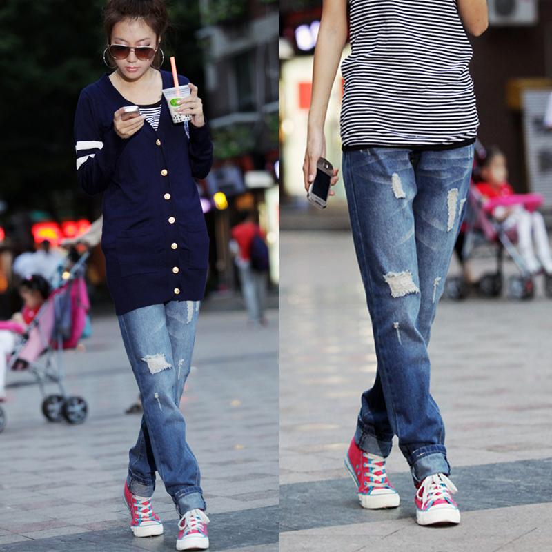 2012 blue fashion hole jeans women's straight loose plus size trousers