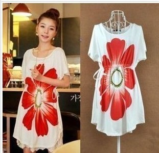 2012 bohemia AMIO slim waist big red flower one-piece dress beach dress loose plus size t-shirt maternity clothing LC-009