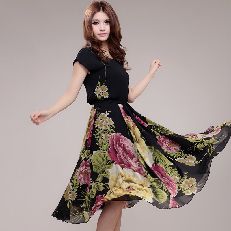 2012 bohemianm 100% real silk full dress short-sleeve floral print basic skirt-Free Shipping