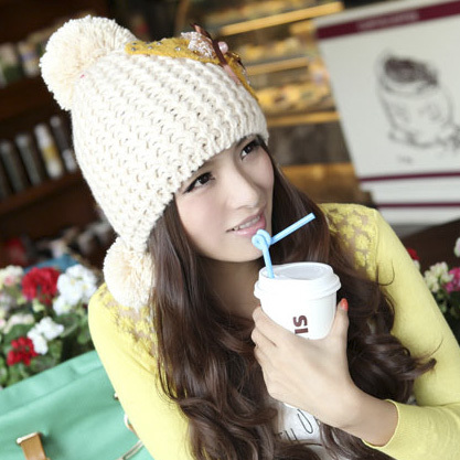 2012 bow female knitted hat ball with diamond ear protector cap knitted hat winter autumn and winter