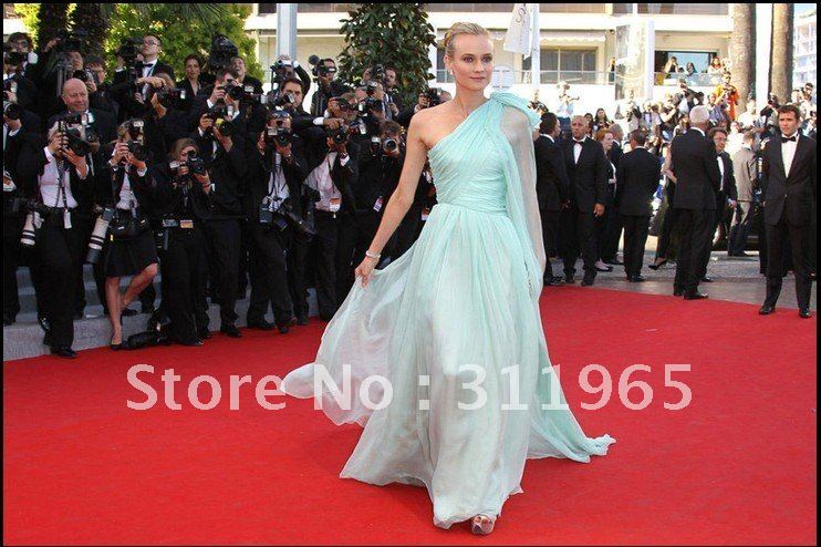 2012 Cannes Film Festival Light Blue One Shoulder Chiffon A-Line Floor Length Celebrity Dresses Evening Gown