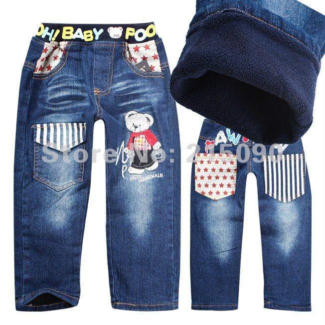 2012 cartoon embroidery Free shipping brand thickening fleece kids pants winter Boys Girls trousers children jeans baby jeans