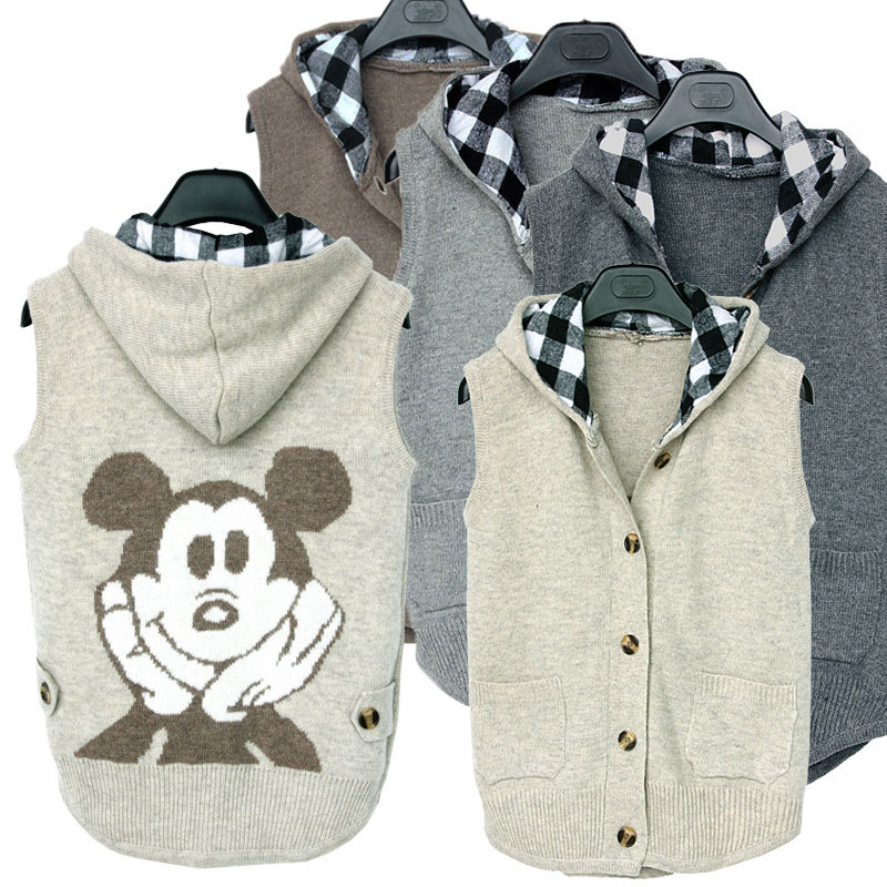 2012 cartoon MICKEY pattern family fashion with a hood knitted vest female cardigan vest color block plaid