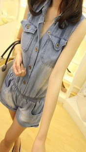 2012 casual double pocket water wash denim one piece shorts