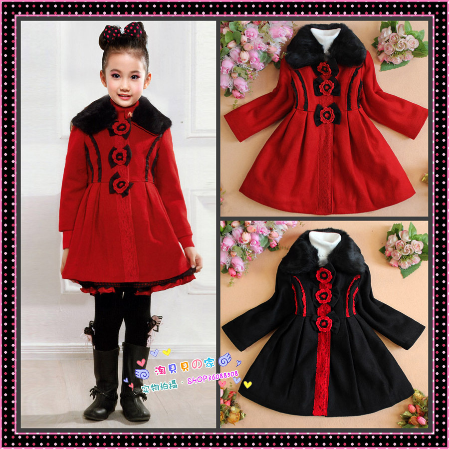 2012 ceicei princess girls clothing fur collar woolen overcoat cotton-padded trench outerwear