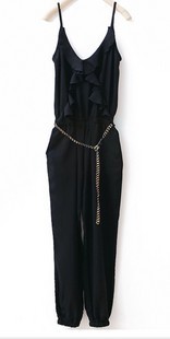 2012 chain women's casual Black spaghetti strap jumpsuit 3/4length trousers bodysuit