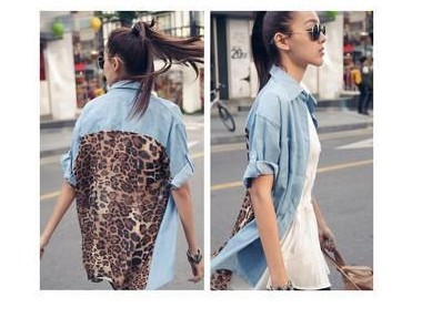 2012 chic Long Sleeve Leopard Denim Chiffon shoulder T-shirt Tops blouses
