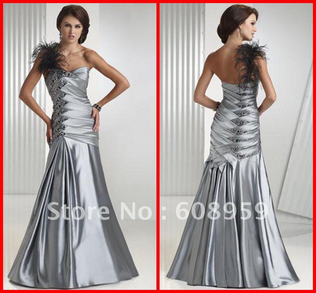 2012 Chic Mermaid One Shoulder Feather Pleated Taffeta Floor Length Formal Gown Prom Dress Evening Dresses Designer