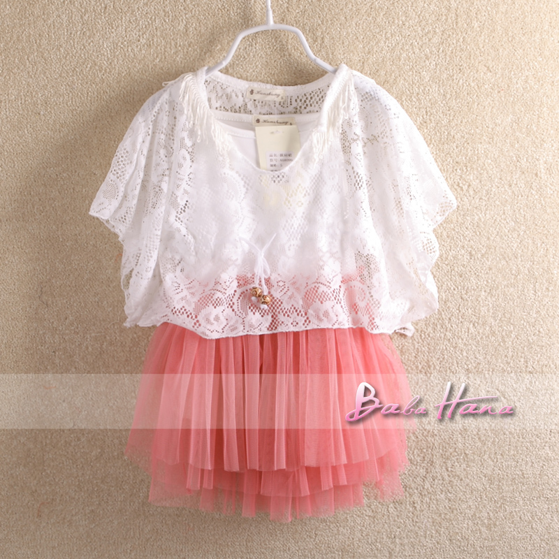 2012 child baby girls clothing cotton t-shirt 100% spaghetti strap tank dress cape twinset