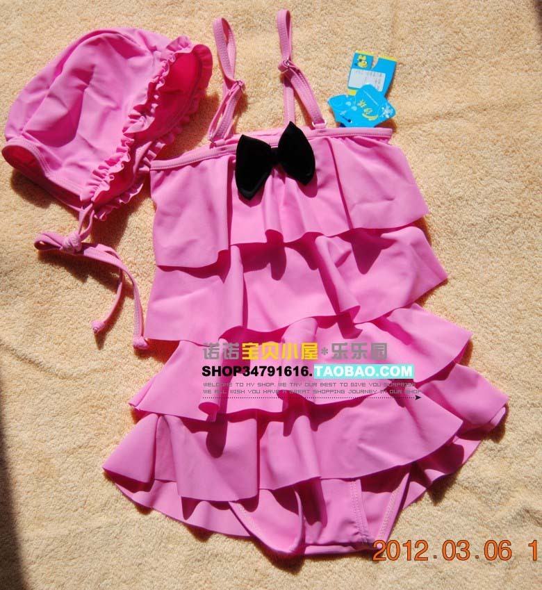 2012 child swimwear cake swimwear pink one-piece swimsuit hot spring swimsuit hat