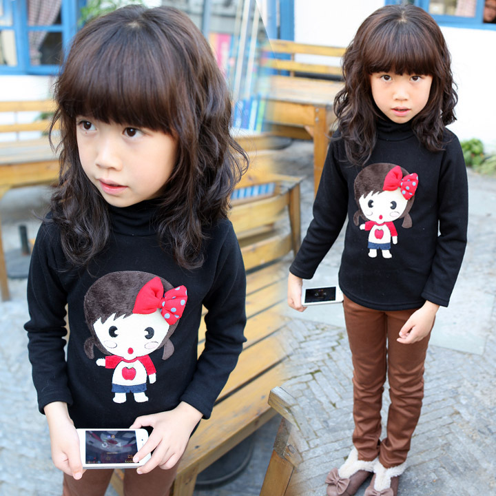 2012 children's autumn and winter clothing female child cartoon bow girl turtleneck child thickening basic shirt