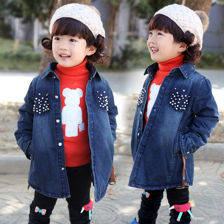 2012 children's autumn and winter clothing female child elegant beading thickening denim outerwear child outerwear cotton-padded