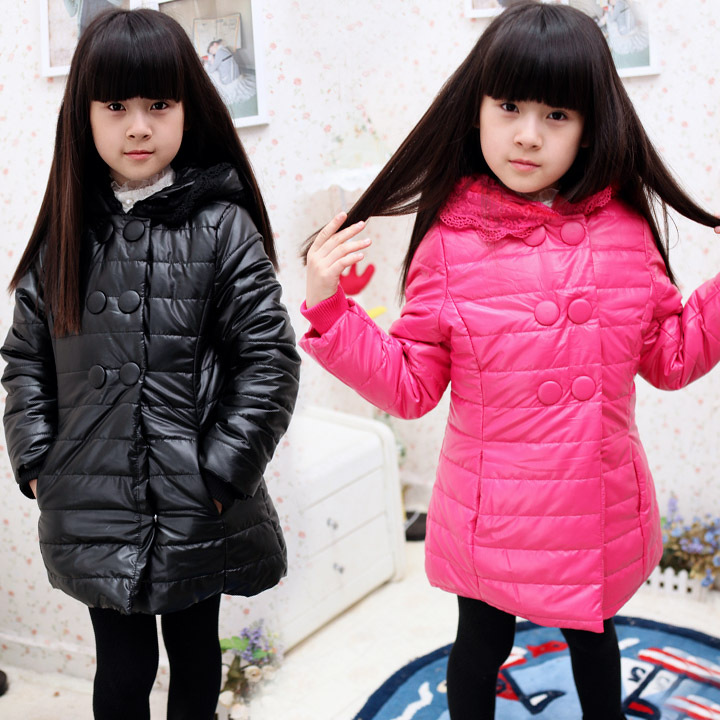 2012 children's autumn and winter clothing female child lace fur collar cap windproof leather clothing wadded jacket long design