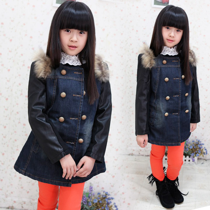 2012 children's autumn and winter clothing female child patchwork denim cotton-padded trench wadded jacket child outerwear big
