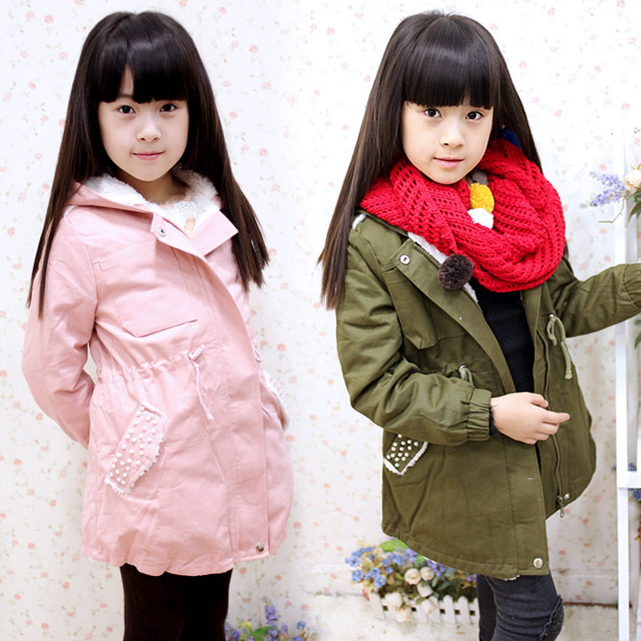 2012 children's autumn and winter clothing female child pearl pocket cotton thickening liner trench wadded jacket outerwear