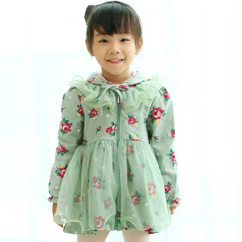 2012 children's clothing autumn child green with a hood outerwear female child trench outerwear