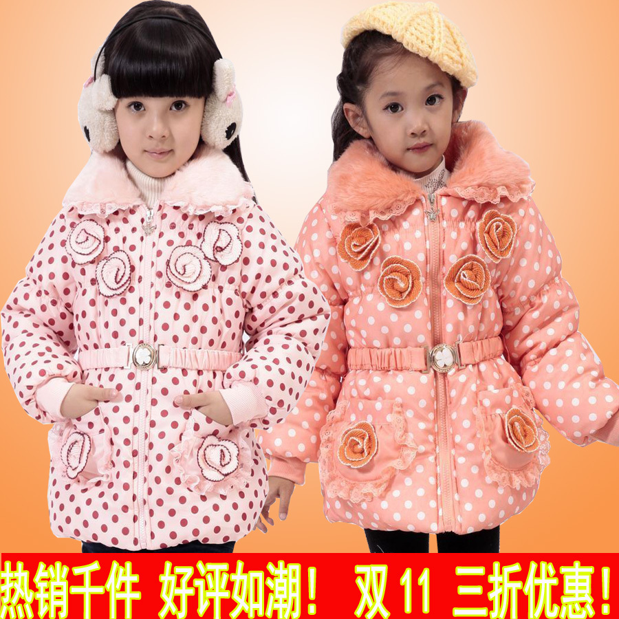 2012 children's clothing winter cotton-padded jacket female child fur collar polka dot wadded jacket child design short