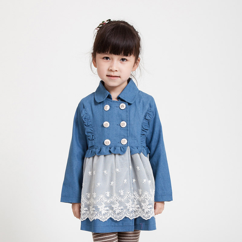 2012 chiliasm autumn fashion female child double breasted denim patchwork lace trench outerwear