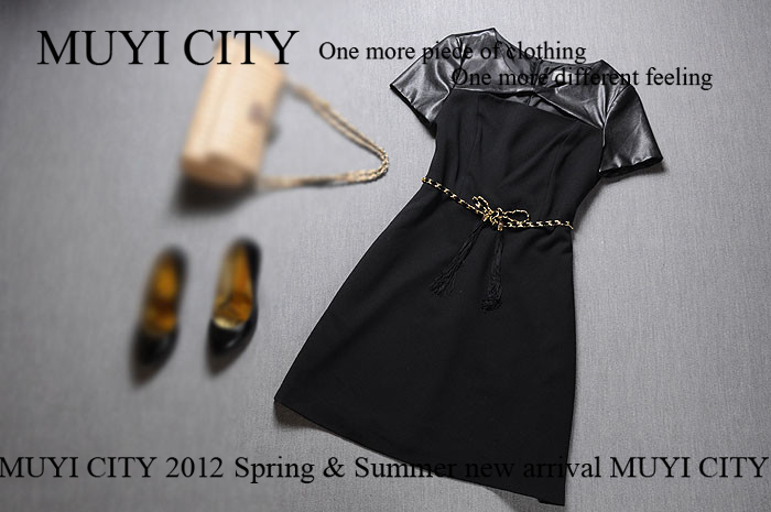 2012 ! classic o-neck leather fabric metal belt slim waist slim one-piece dress b1602