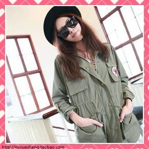 2012 clothes outerwear clothes trench female spring and autumn vintage Army Green drawstring military slim waist