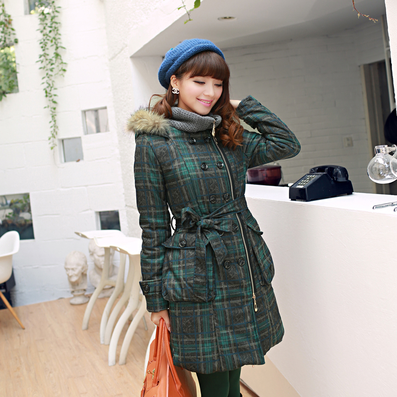 2012 coat women winter raccoon fur collars cotton-padded plaid jacket fur coat women  free shipping