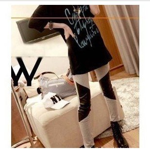 2012 collcction knee irregular faux leather patchwork cotton legging female