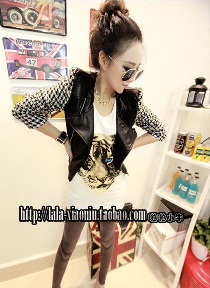 2012 color block decoration patchwork handsome houndstooth women's casual fashion large lapel leather clothing