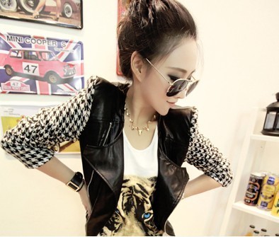 2012 color block decoration patchwork handsome houndstooth women's casual fashion large lapel leather clothing