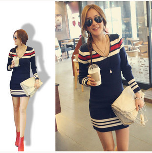 2012 color block decoration stripe knitted V-neck long-sleeve sweater dress women's slim hip sweater basic skirt