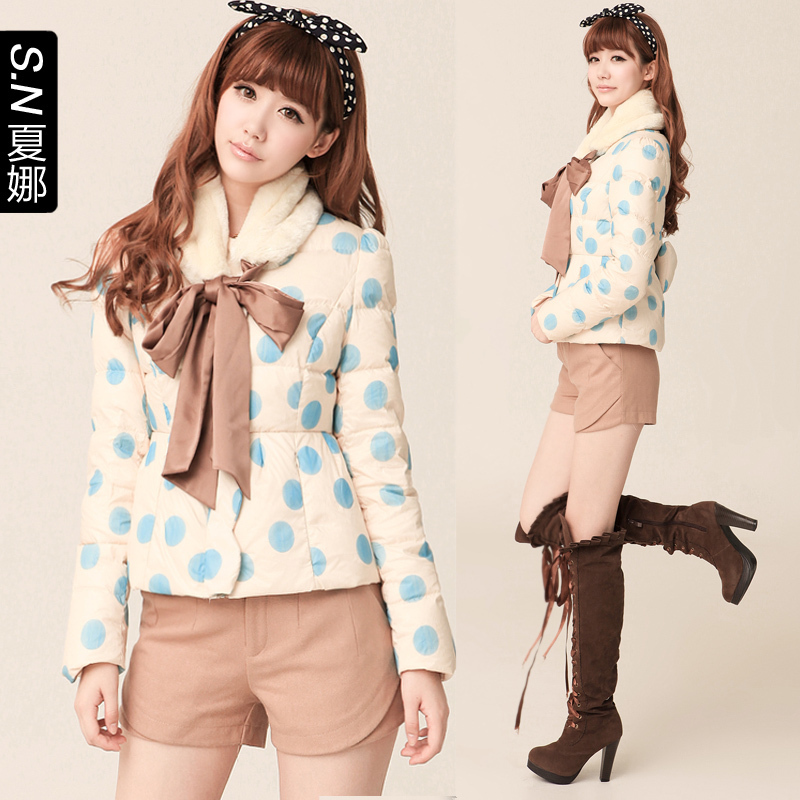 2012 color block polka dot slim waist wool collar slim zipper short design down coat for women