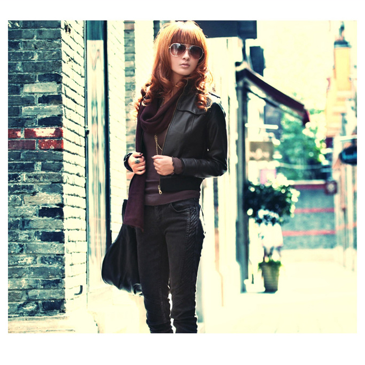 2012 cool slim short design leather clothing black classic leather coat female jacket