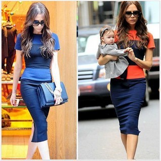 2012 CREW NECK COLOR BLOCK SHORT SLLEVE SLIT BACL BODYCON DRESS WITH BACK ZIPPER slim step pencil skirt