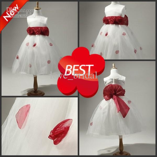 2012 CUSTOM Made White Floral Tea Length Ball Gown Pageant Dresses For Girls Wedding Party Dress