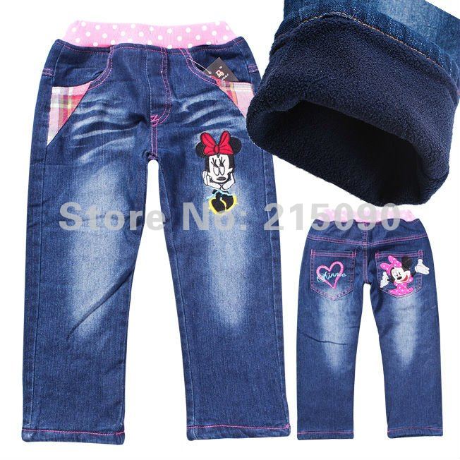 2012 Cute cartoon!!Freeshipping wholesale MINNIE MOUSE kids girls jeans children's denim trousers winter jeans baby warm jeans