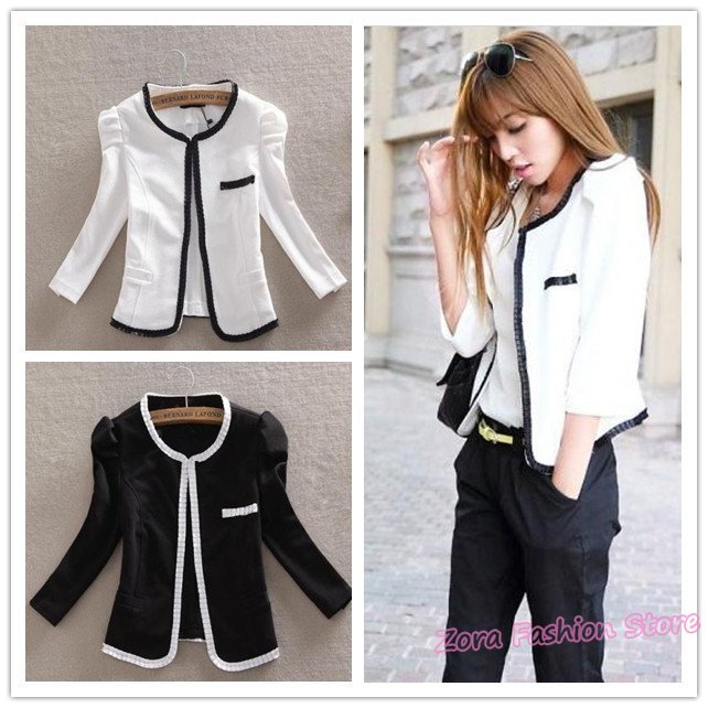 2012 CUTE Ladies White Black Patchwork Blazer Jacket, Lovely Korea Style Slim Casual OL Suit Autumn Spring Women Coat Outerwear
