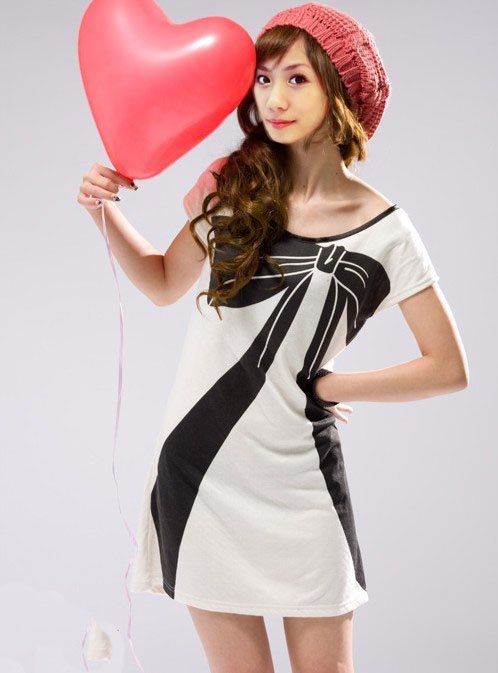 2012 Cute women's dress bowknot pattern long T shirts short sleeve blouse 203435 Free Shipping